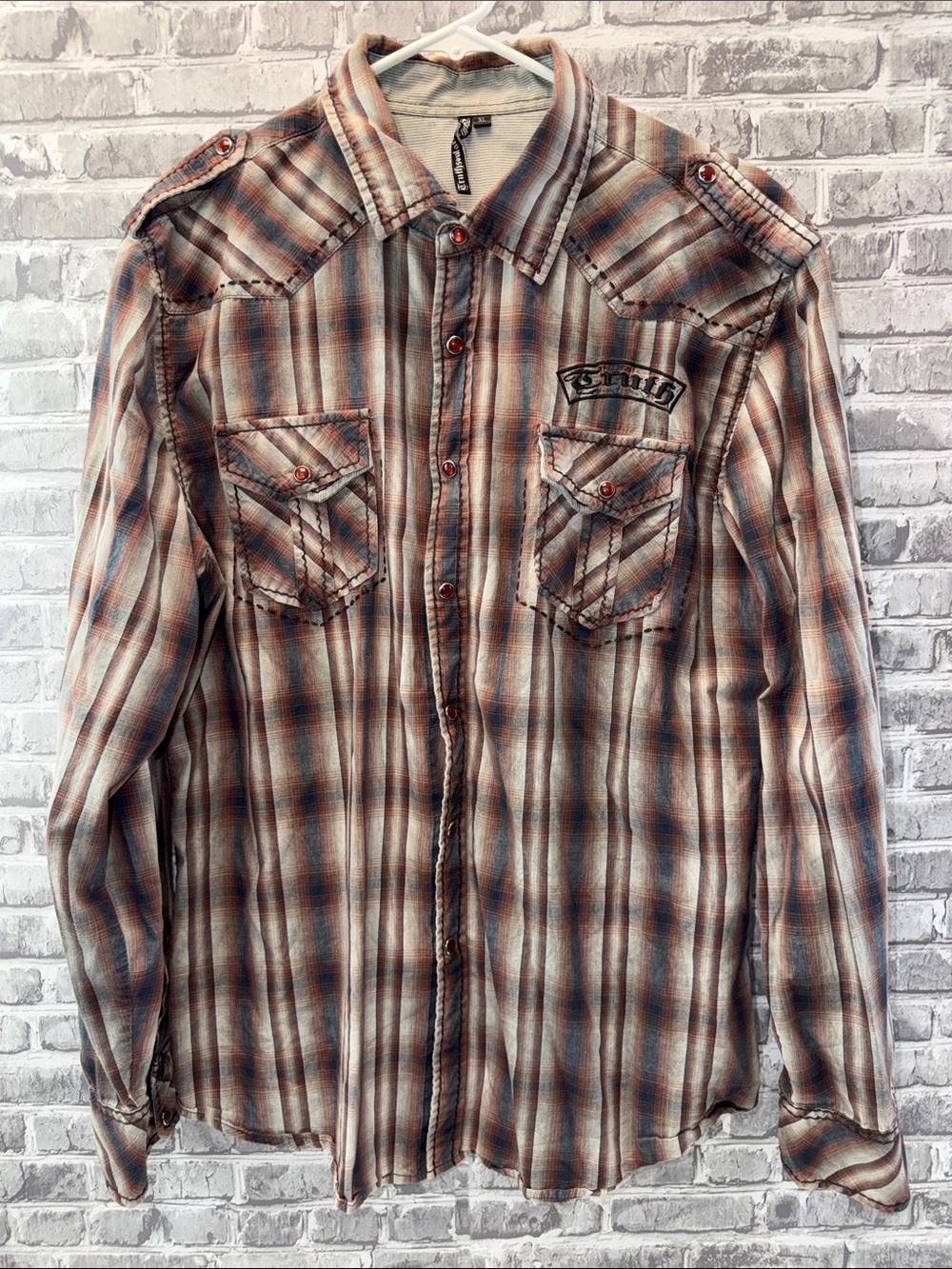 Truth‎ soul armot Plaid Button-Up Shirt with Front Pockets - Brown & Blue